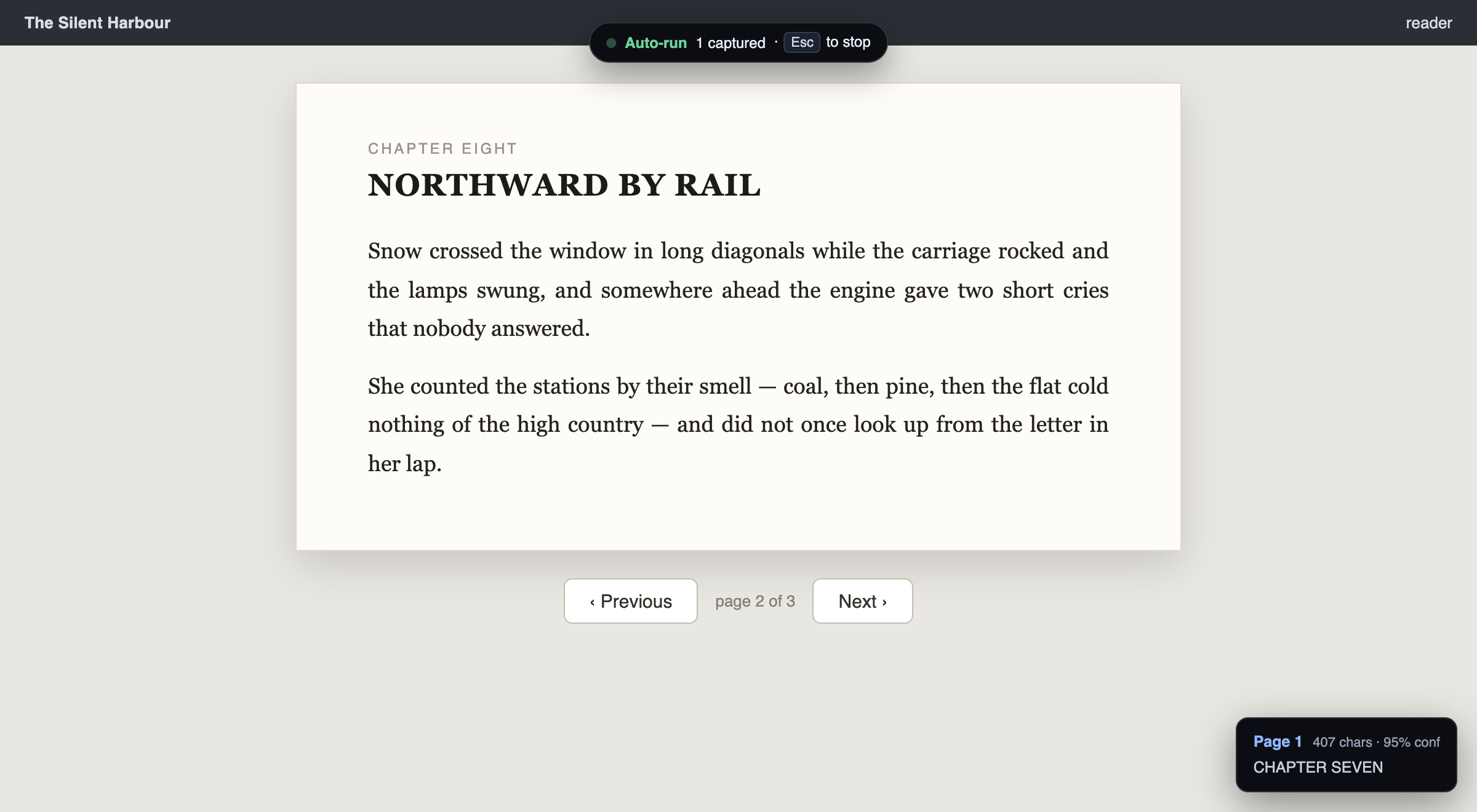 A reader page mid-run: a pill at the top reads “Auto-run · 1 captured · Esc to stop”, and a toast in the corner confirms “Page 1 — 407 chars · 95% conf”.