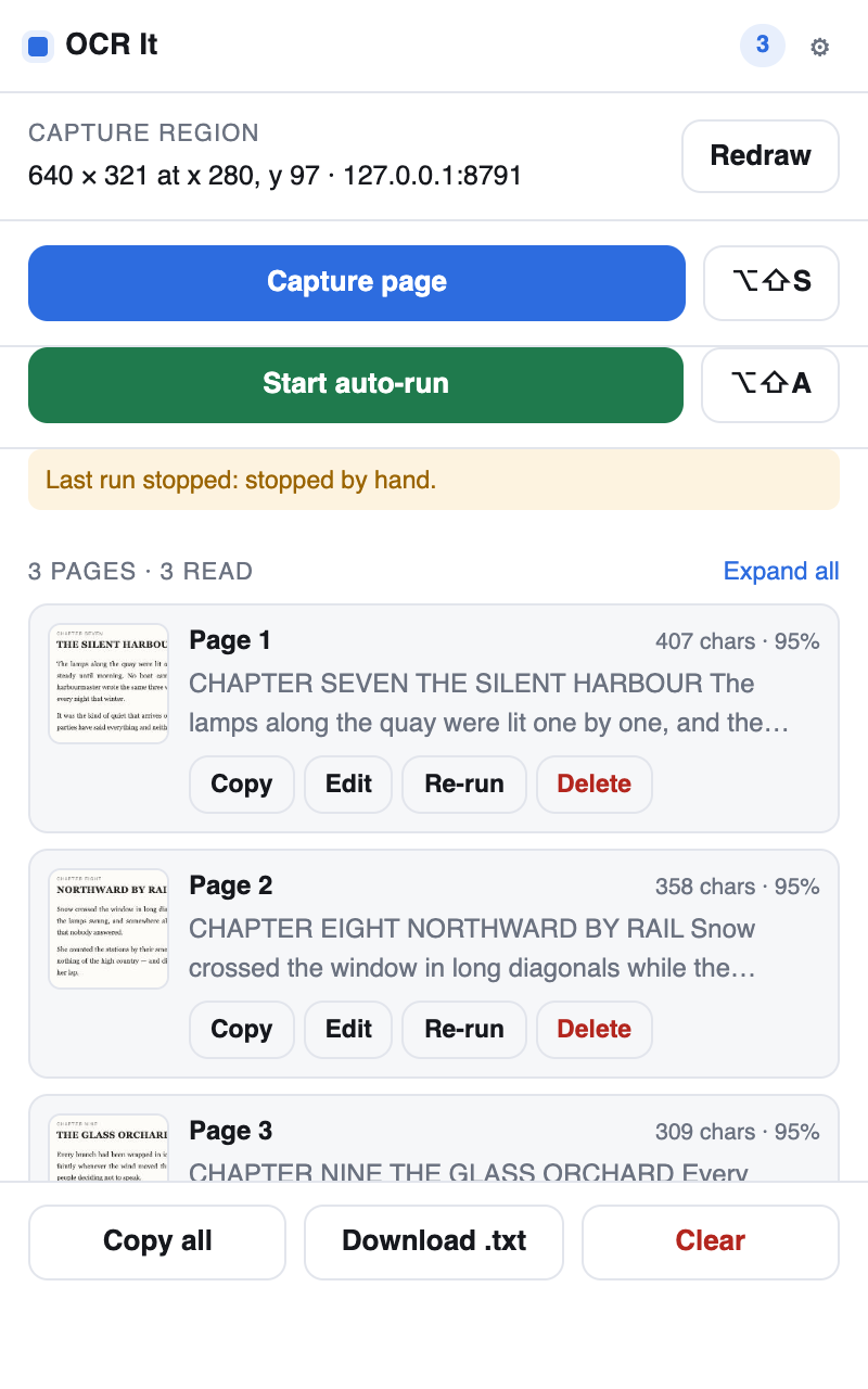 The popup listing captured pages, each with a thumbnail of the crop, a character count and an OCR confidence percentage.