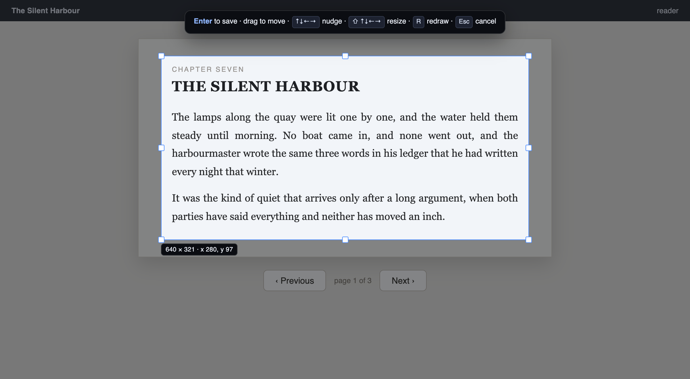 The region picker: the page dimmed behind a bright selection box with resize handles, a live pixel-size readout, and a hint bar along the bottom.